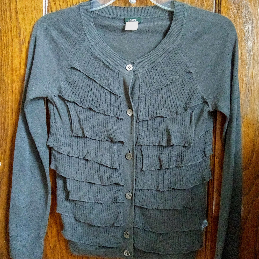 J. Crew Ruffle-Front Gray Cardigan